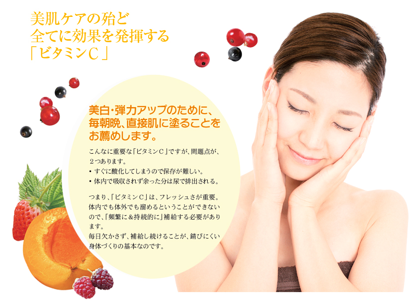 肌が喜ぶフレッシュビタミンをお届け!薬用美白ビタミンC マイクロカプセルがフレッシュなビタミンをお届け!薬用美白ビタミンC